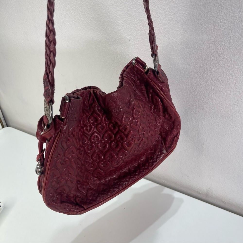 Brighton Griffith Braided Leather Strap Heart Charm Raspberry Red Embossed Purse